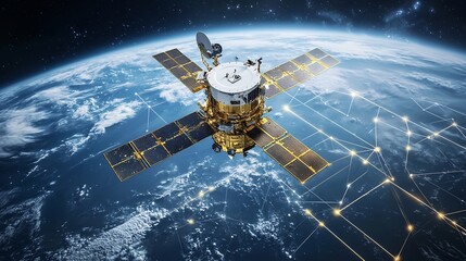 Poster - satellite in orbit collecting environmental data visualized with glowing network lines connecting to