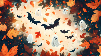 Canvas Print - whimsical autumn pattern with ghosts, bats and falling leaves for halloween celebration.