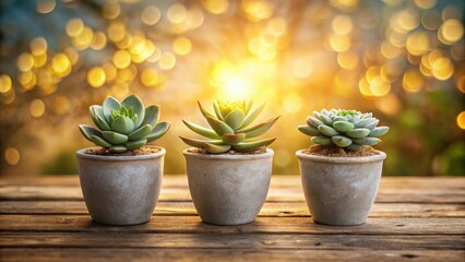 Poster - Three Succulents in Pots on a Rustic Wooden Surface with a Bokeh Background