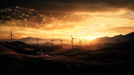 Poster - a futuristic landscape showing a desert wind turbine farm equipped with environmental monitoring sen
