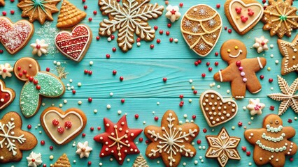 Poster - Festive gingerbread cookies, hearts, stars, and snowflakes arranged on a turquoise wooden background, adorned with sprinkles and white pearls.