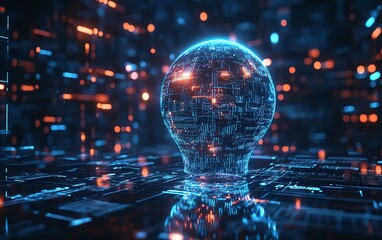 Poster - Creative thinking and digital technology concept with blue micro circuit in light bulb on dark background