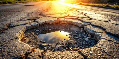 Aufkleber - A large pothole in a cracked asphalt road filled with water reflecting the setting sun