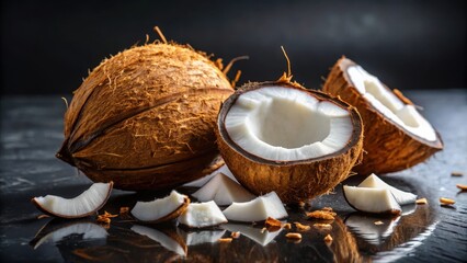 Poster - A close-up of fresh coconuts on a dark surface, showcasing the natural beauty of the fruit and its vibrant, white flesh