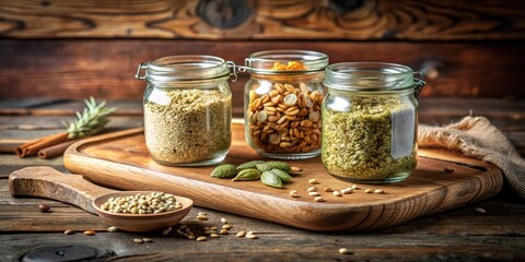 Poster - A Rustic Still Life Featuring Jars of Dried Seeds and Grains on a Wooden Cutting Board