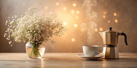 Aufkleber - A steaming cup of coffee with a bouquet of delicate white flowers on a wooden table with warm, golden light