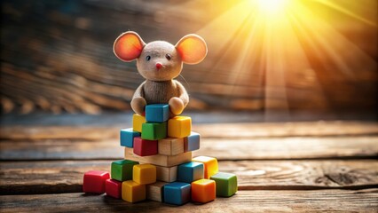 Poster - A plush mouse sits atop a colorful tower of wooden blocks, bathed in warm sunlight, symbolizing childhood innocence, playfulness, and the joy of discovery.