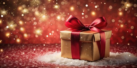 Aufkleber - A Golden Gift Box with a Red Ribbon Rests on a Bed of White Snow Against a Festive Red Background with Sparkling Lights