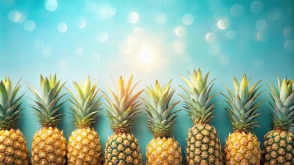Poster - Tropical Delight A Row of Ripe Pineapples Against a Blue Background with a Sunlit Bokeh Effect