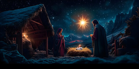 Wall Mural - a bright star illuminating the night sky, shining over the manger scene with mary, joseph, and baby 