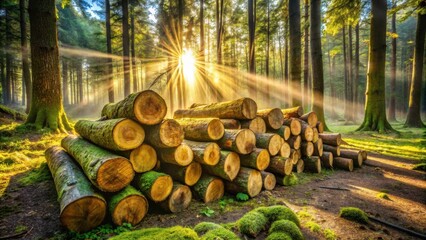 Poster - Sunlight beams through the trees illuminating a pile of mossy logs in a misty forest