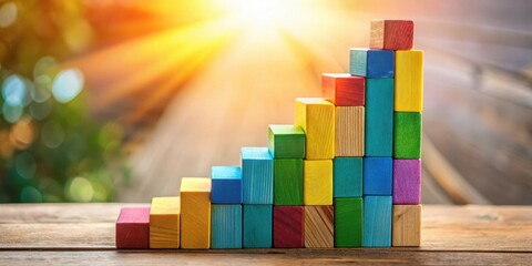 Aufkleber - A colorful wooden block staircase ascending towards a bright and hopeful future