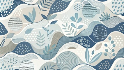 Aufkleber - Abstract Seamless Pattern with Wavy Lines, Leaves, and Geometric Shapes in Blue and Beige Tones