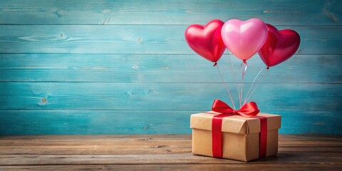 Poster - A gift box with a red ribbon and heart-shaped balloons on a wooden table in front of a blue wood plank background.