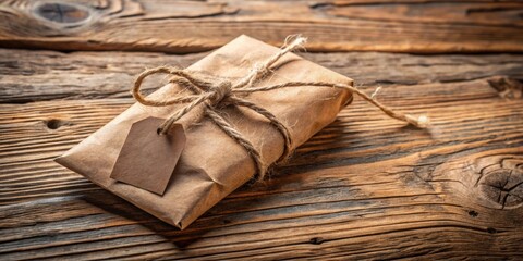 Aufkleber - Rustic brown paper package tied with twine and a blank tag resting on aged wood