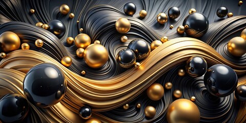 Poster - A symphony of swirling black and gold, a mesmerizing interplay of curves and spheres, a visual testament to the elegance of abstract form.