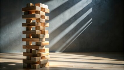 Aufkleber - A Tower of Wooden Blocks Standing Tall Against a Gray Wall with Sunbeams Shining Through a Window