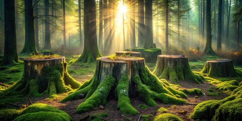  Sunbeams pierce through a dense forest canopy illuminating moss-covered tree stumps on a forest floor