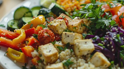 Poster - A close-up of a vegan dinner plate. featuring roasted vegetables, quinoa, and tofu. highlighting plant-based nutrition. ideal for dietary guides