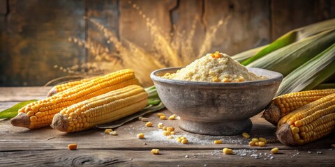 Aufkleber - A Rustic Bowl Filled with Coarse Cornmeal Surrounded by Fresh Corn Ears on a Weathered Wooden Surface