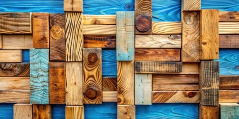 Poster - A patchwork of weathered wood planks, showcasing diverse textures and colors, arranged in a captivating abstract pattern against a vibrant blue background.
