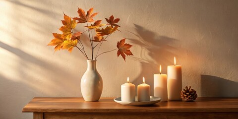 Poster - Autumnal Still Life with Candles and Dried Leaves in a Vase on a Wooden Table