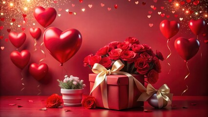 Poster - A red gift box with a golden ribbon and a bouquet of red roses surrounded by heart-shaped balloons, confetti, and sparkling lights.