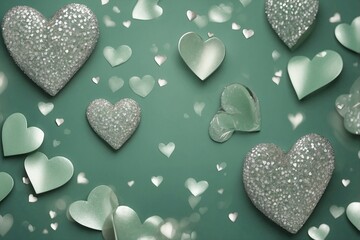 Silver and Green Romantic Background with Tiny Hearts and Silver Glitter for Valentine's Day