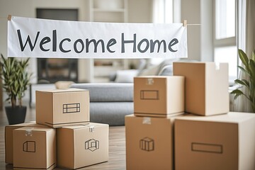 Poster - wide-angle view of living room with boxes stacked neatly and banner saying welcome home