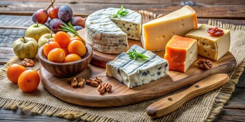 Poster - A Rustic Wooden Cutting Board Filled with an Array of Cheeses, Including a Creamy Brie, Sharp Cheddar, and a Tangy Blue Cheese, Paired with Fresh Fruit, and Topped with a Sprig of Rosemary