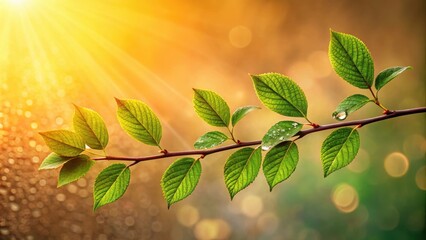 Poster - A branch with vibrant green leaves illuminated by the warm rays of the morning sun, showcasing a glistening raindrop on one of the leaves.