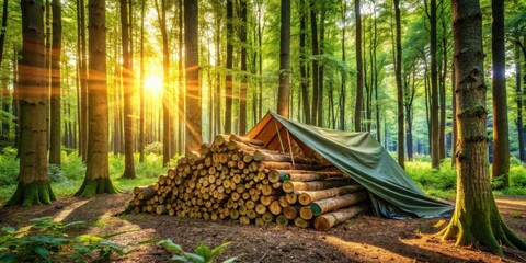 Poster - Sunlight streams through the canopy of a dense forest, illuminating a makeshift shelter built of stacked logs and a green tarp, creating a peaceful and secluded haven.