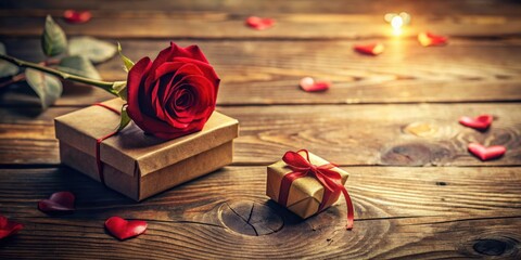 Poster - A Romantic Setting with a Single Red Rose, Wrapped Gifts, and Scattered Hearts on a Wooden Background