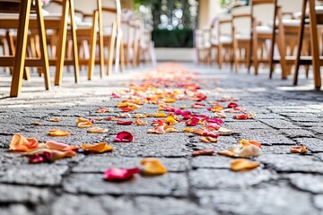 Poster - wide-angle shot of empty wedding aisle with petals scattered on ground and chairs lined up