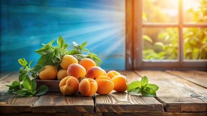 Poster - Freshly picked apricots with green leaves on rustic wooden table by window with sun shining through