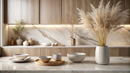 Wall Mural - A minimalist kitchen interior design with natural elements, featuring a white marble countertop, wooden cabinets, and a vase of pampas grass.