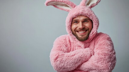 Wall Mural - A man in a pink bunny costume is smiling and posing for the camera. The image has a lighthearted and playful mood, as the man is dressed up in a costume and he is enjoying himself