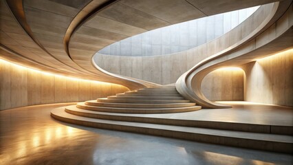 Poster - A curving concrete staircase bathed in warm light, leading up to a circular opening in the ceiling, creating a sense of openness and anticipation.