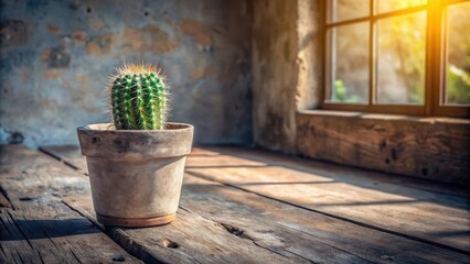 Aufkleber - A small potted cactus sits on a weathered wooden surface, bathed in the warm glow of sunlight streaming through a nearby window.