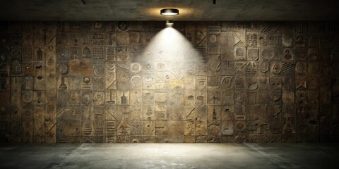 Aufkleber - A Single Spotlight Illuminates a Rough Stone Wall Composed of Numerous Square Tiles, Each Featuring a Unique Carving