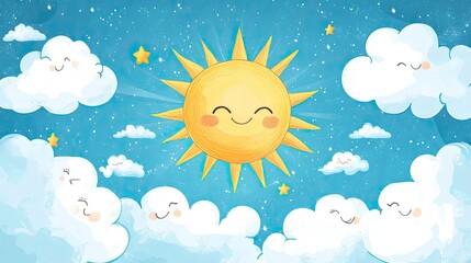 banner for summer weather and cloudscape landscape: blue sky with clouds, sun, sunbeams, and sun ray