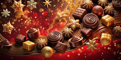 Poster - A swirl of rich chocolate with assorted festive treats and glittering snowflakes against a red background