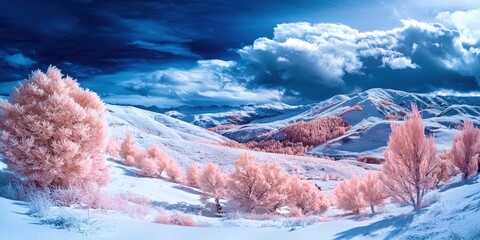 Poster - Snowy mountain range with pink trees