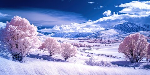 Poster - Snowy field with trees in the foreground and mountains in the background