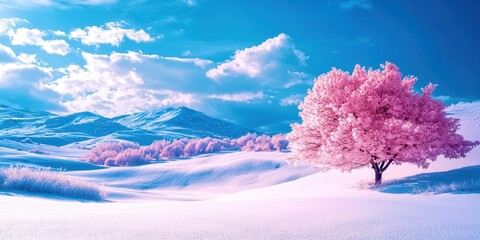 Poster - Tree with pink flowers is in the snow