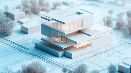 Poster - Aerial View of Modern Architectural Model on Blueprint Background Showcasing Innovative Design, Clean Lines, and Minimalist Aesthetics in a Contemporary Setting