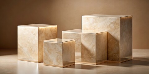 Poster - A Minimalist Display of Four Square Stone Platforms with Golden Accents on a Neutral Background