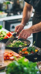 Wall Mural - A colorful kitchen scene with vegan cooking. featuring a chef preparing vibrant plant-based dishes. emphasizing creativity and health. Ideal for cooking shows