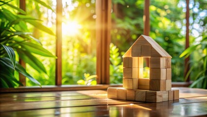 Aufkleber - A wooden house model constructed of blocks, bathed in warm sunlight, stands on a wooden surface with a blurred background of lush greenery.