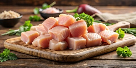 Poster - Raw Chicken Breast Cubes Ready for Cooking on Wooden Cutting Board with Fresh Herbs